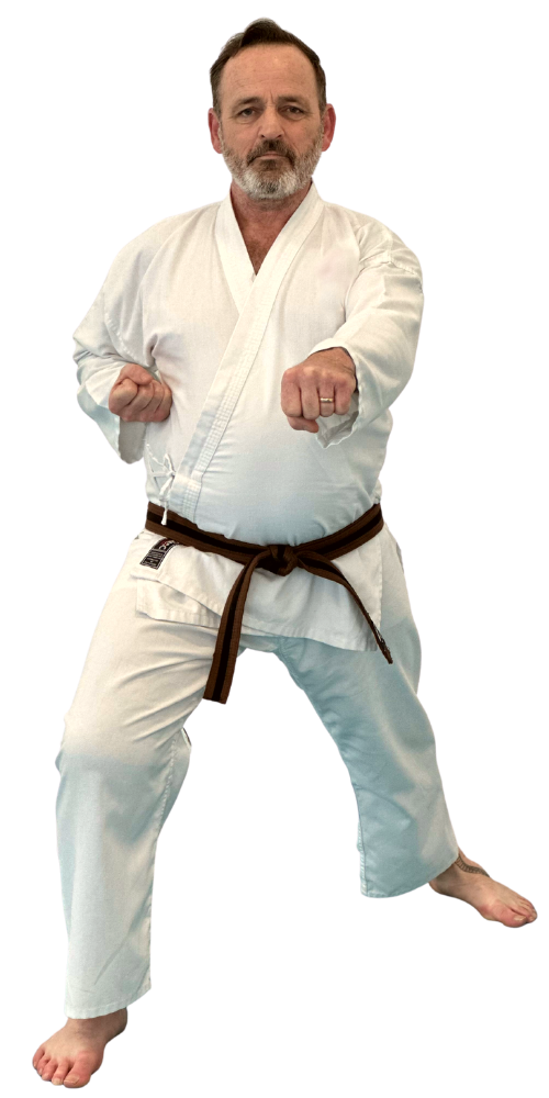 Image of an adult punching and standing in long forward stance (Zen kusto datchi)